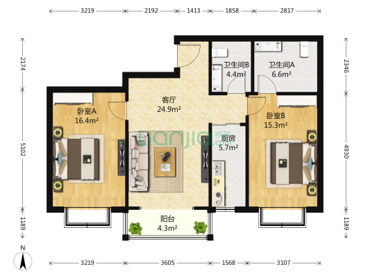 阳光好东东 2室1厅2卫 102平方