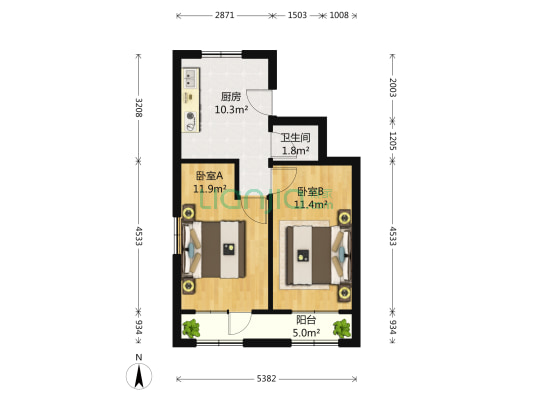 海洋街（胜利桥北商圈） 2室0厅1卫 54平方