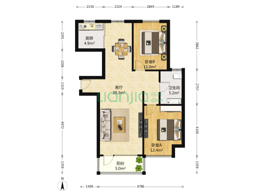 亿达世纪城 2室1厅1卫 112平方