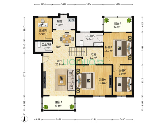 中央花园二期 3室1厅2卫 115平方