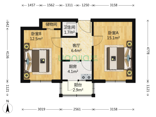 甘露园东里 2室1厅1卫 55平方