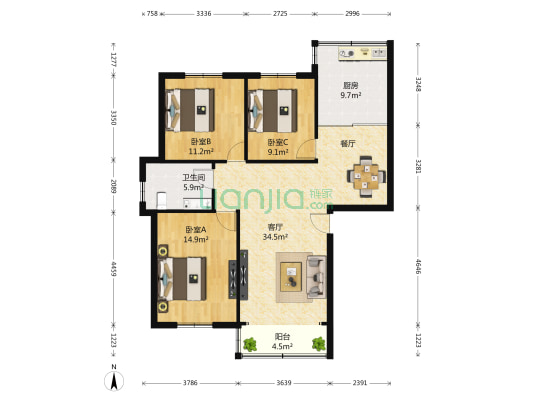 东方城朝霞园 3室1厅1卫 109平方