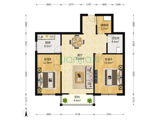 润泉公寓 2室1厅1卫 107平方
