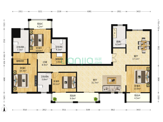 露香园 4室2厅3卫 253平方