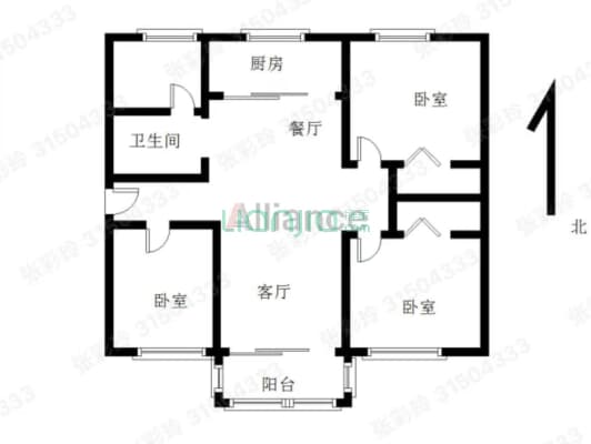 平安小区9号院 3室2厅 南 北-户型图