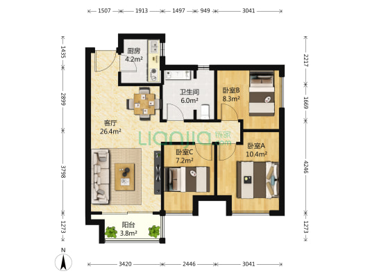 万科金域蓝湾 3室1厅1卫 90平方