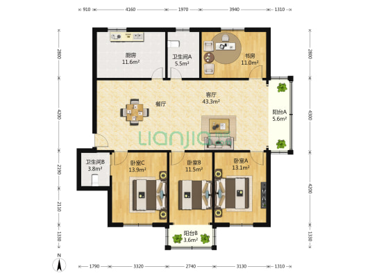 曙光苑 4室2厅2卫 158平方