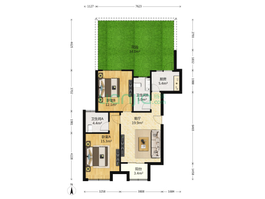 明发香山郡 2室1厅2卫 85平方