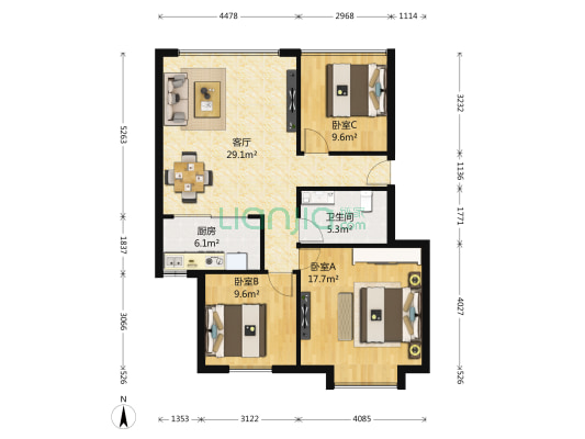 竹韵山庄 3室1厅1卫 90平方