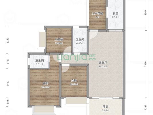 润苑小区精装修3房，步梯中层，家具家电-户型图