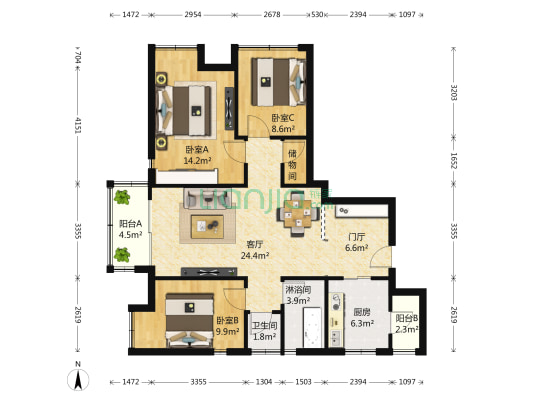 万科城 3室1厅2卫 110平方