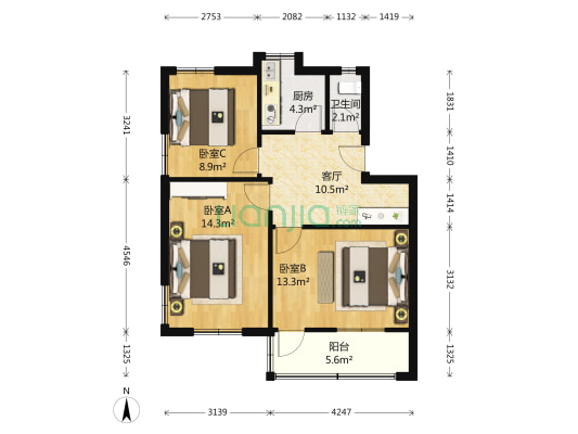 杭氧宿舍 3室1厅1卫 73平方