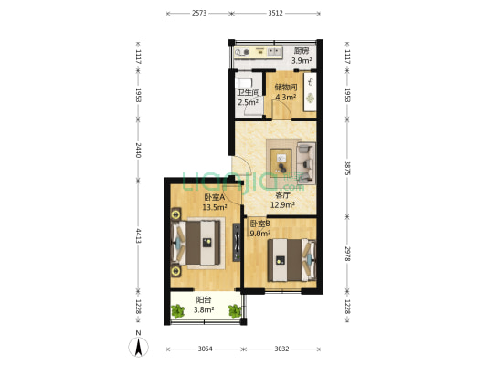支矶石街24号 2室1厅1卫 61平方