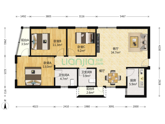 莲花广场 3室1厅2卫 122平方