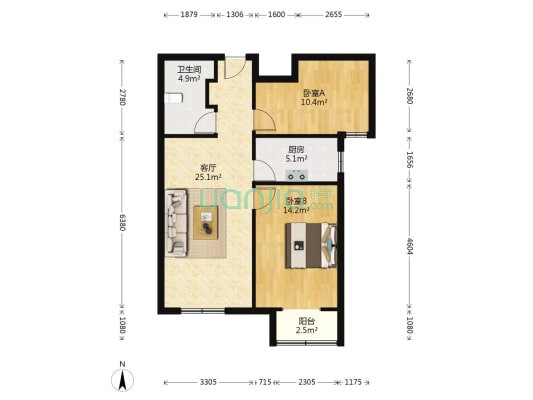 汇元学府一号 2室1厅 南-户型图