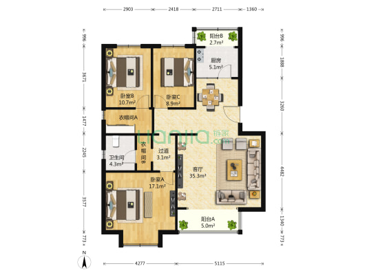 长丰园三区 3室1厅1卫 127平方