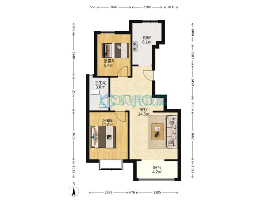 天地新城，小两居，南北通透，一梯两户-户型图