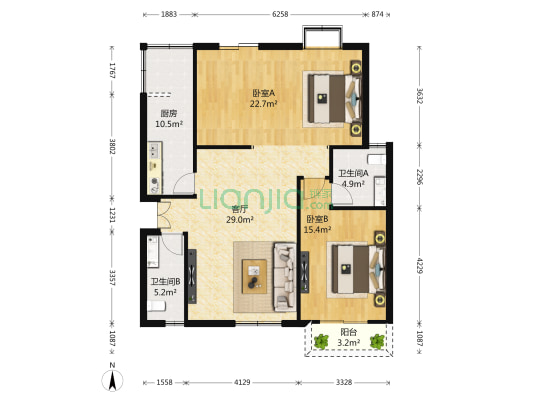 中天雅苑 2室1厅2卫 132平方