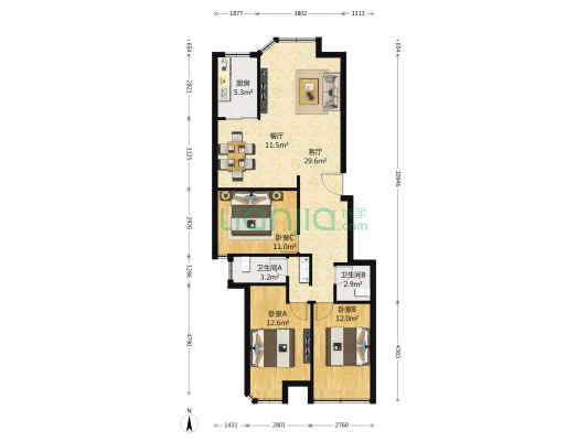 兴元嘉园 3室2厅2卫 106平方