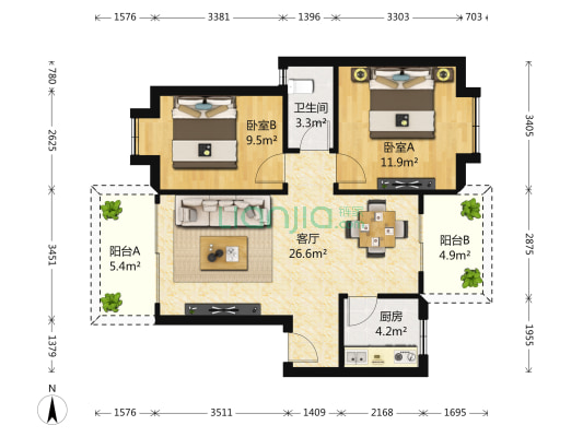 信义假日名城一期沁芳园 2室1厅1卫 76平方