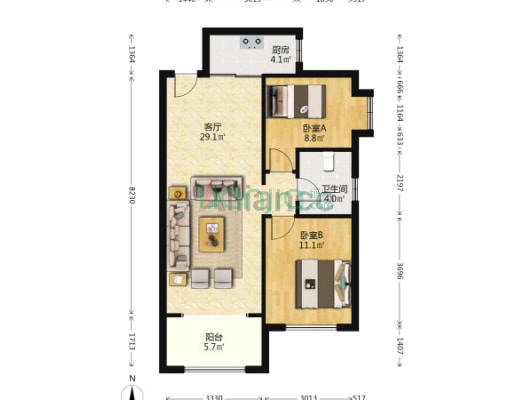 精装修  无遮挡两居室 卫生间带窗户-户型图