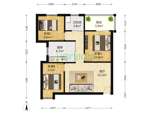 唐蔡天下 3室1厅1卫 90平方