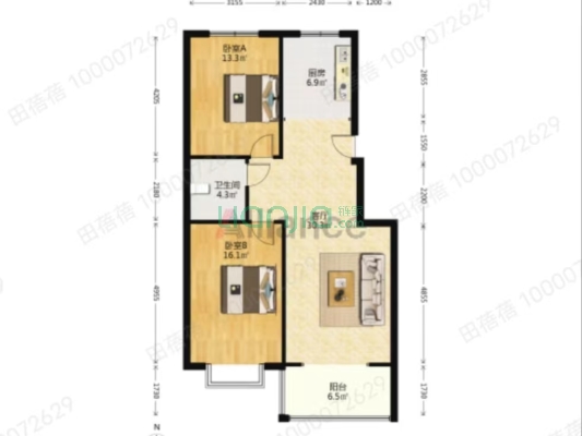 南北大两居， 小区安静又安全、电梯洋房-户型图