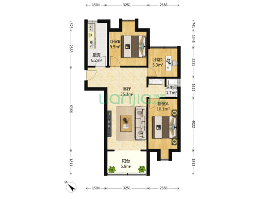 宋都南郡国际南区 3室1厅1卫 89平方