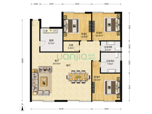 湖畔佳苑(公寓) 3室2厅2卫 193平方