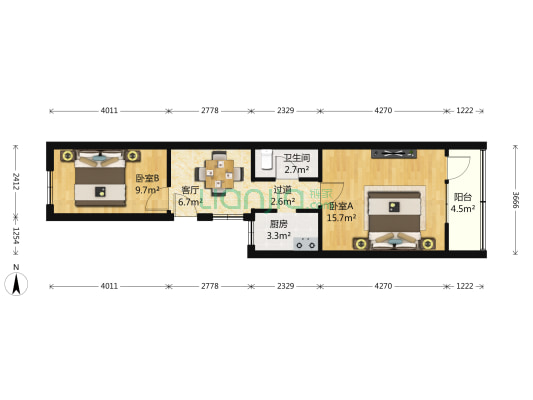 大柳树3号院 2室1厅1卫 57平方