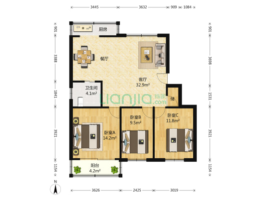 华星路88号 3室1厅1卫 99平方