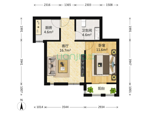 百合花园 1室1厅1卫 61平方