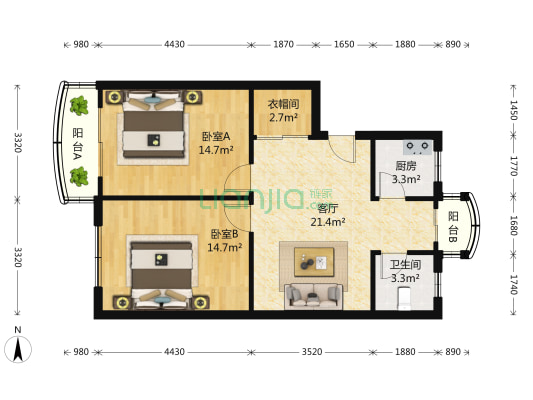 丽都家园 2室2厅1卫 92平方