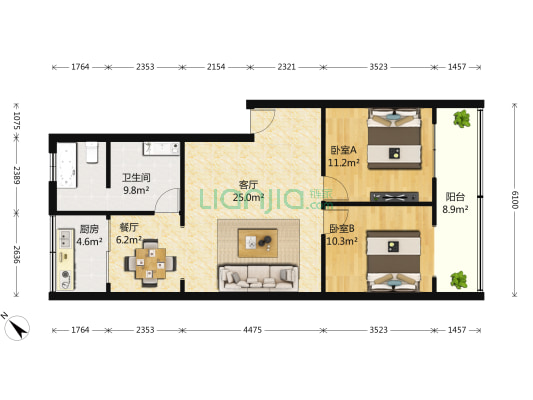交警宿舍 2室2厅1卫 85平方
