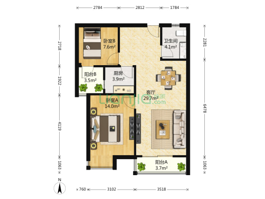 西城雅居 2室1厅1卫 88平方