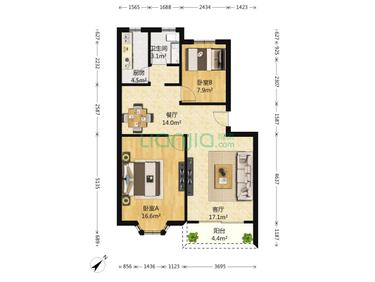 鸿基花园 2室2厅1卫 89平方
