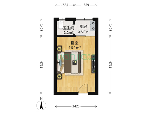 泰阳硅谷公寓 1室0厅 北