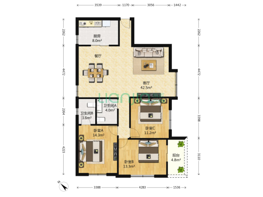 燕渝苑 3室1厅2卫 137平方