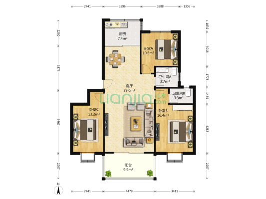 百通馨苑二区 3室1厅2卫 119平方