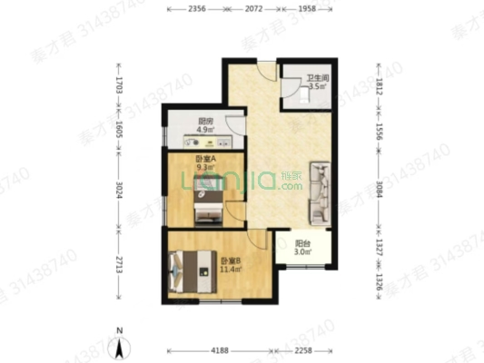 金阳瑞景小区两室出售，房子精装，干净整洁-户型图