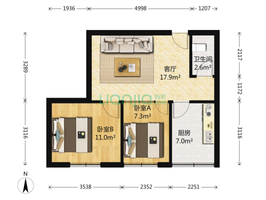 白云商住楼 2室1厅1卫 63平方
