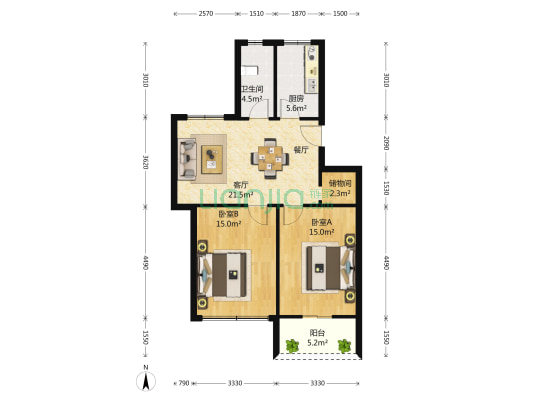 荷花新村 2室2厅1卫 90平方