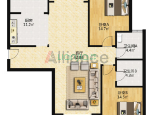 君悦广场钻石商圈 高品质社区 两室双卫 精装修-户型图