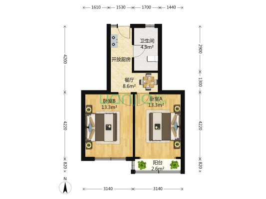 威海路163-169号 2室1厅1卫 64平方