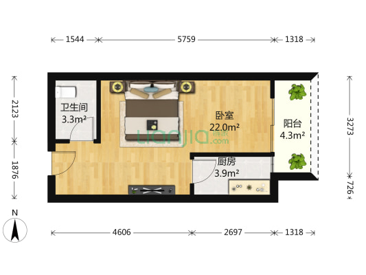 里面 1室0厅1卫 41平方