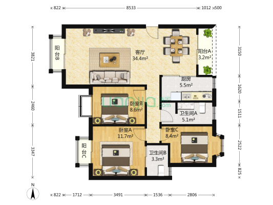 浪琴屿花园 3室1厅2卫 108平方