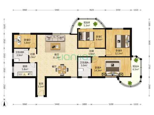兴运大厦 4室2厅2卫 149平方
