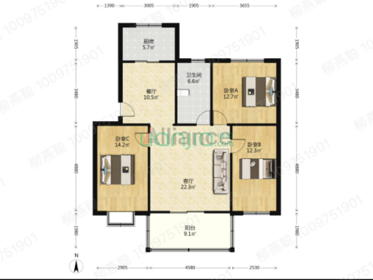 六十七处家属楼 3室2厅 南 北-户型图