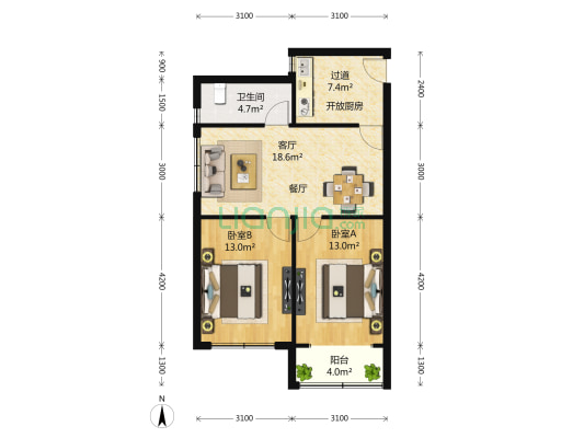 汽车公寓小区 2室2厅1卫 94平方