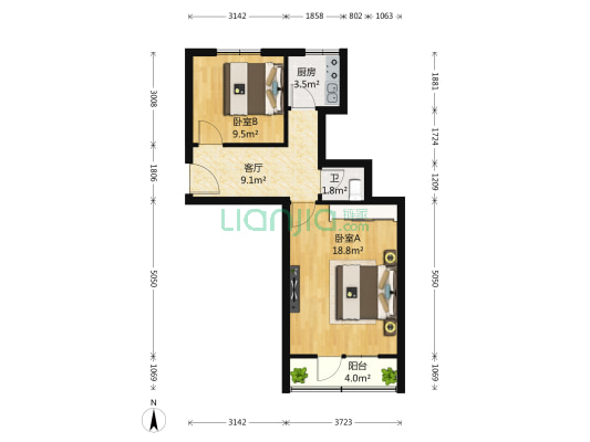美术馆后街 2室1厅1卫 60平方